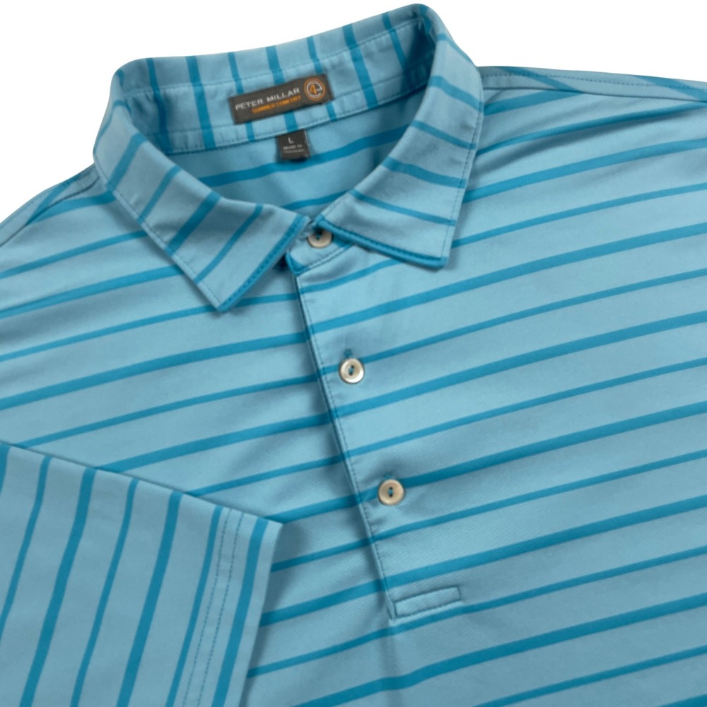 Peter Millar Men Large Summer Comfort Polo Shirt Stretch Stripe Blue Golf Office